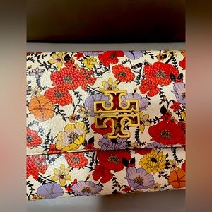 Tory Burch Hicks Garden Party Leather Bag Wallet Chain Crossbody Floral